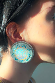 Round 2-1/4" Fingernail Post Rhinestone White and Turquoise Color Earrings - BThunder 